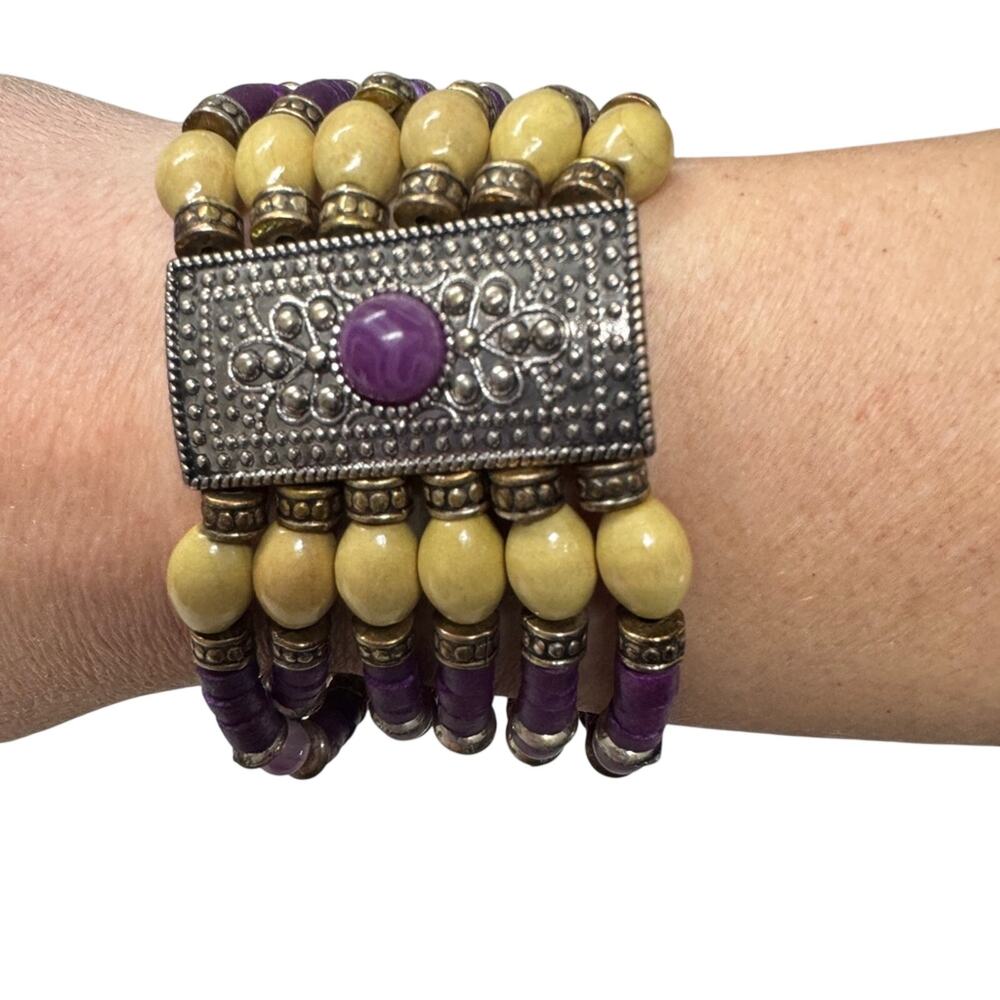 Vintage Purple Yellow Wood & Glass Beaded Stretch Bracelet Silver Tone Metal